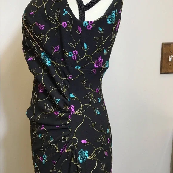 Vintage 90s Nicole Miller Floral Midi Embroidered Lace V-Neck Black Dress Size 8 - Picture 8 of 16